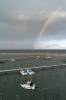 dunkle wolken, wetterfront, regenbogen, steganlagen, rckkehr, angelboot, hafen glowe, rgen, 