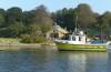 anleger, fhrboot, ochseninsel, haus mit hallen, gelbes schiff, 